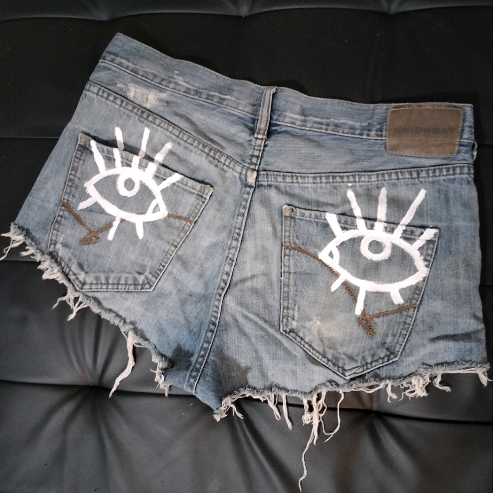 Handpainted Eye Distressed Denim Shorts